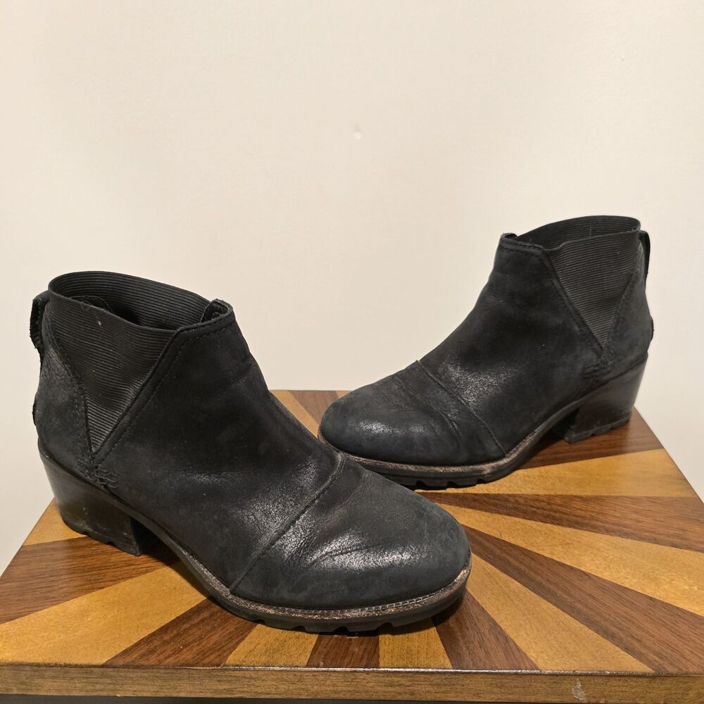 Sorel Cate Chelsea Boots Womens 6.5 Shoes Ankle Lug Leather Black Classic Heel